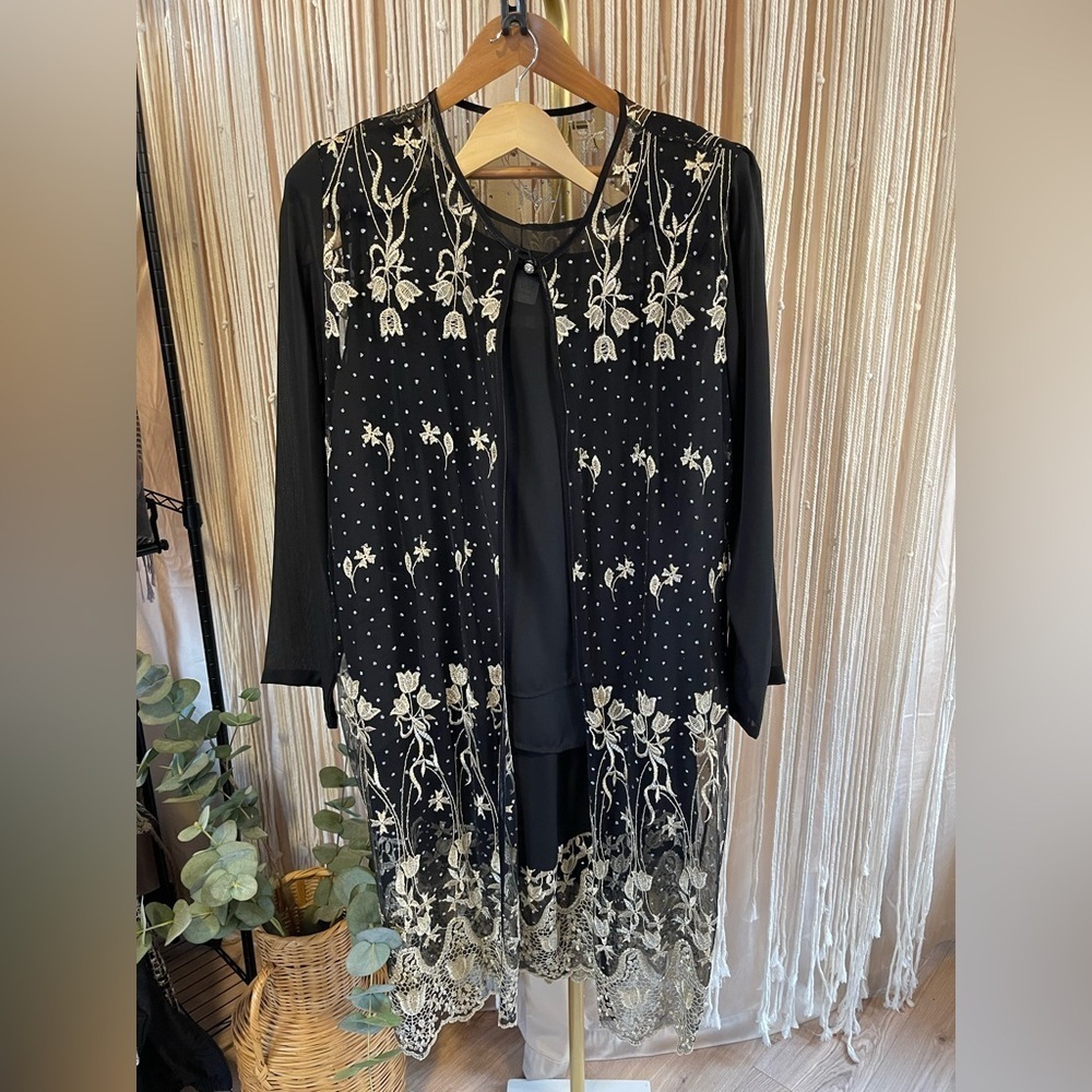 Vintage 1990s SAM USA embroidered lace 3 piece Skirt Suit Set Black Gold 2X